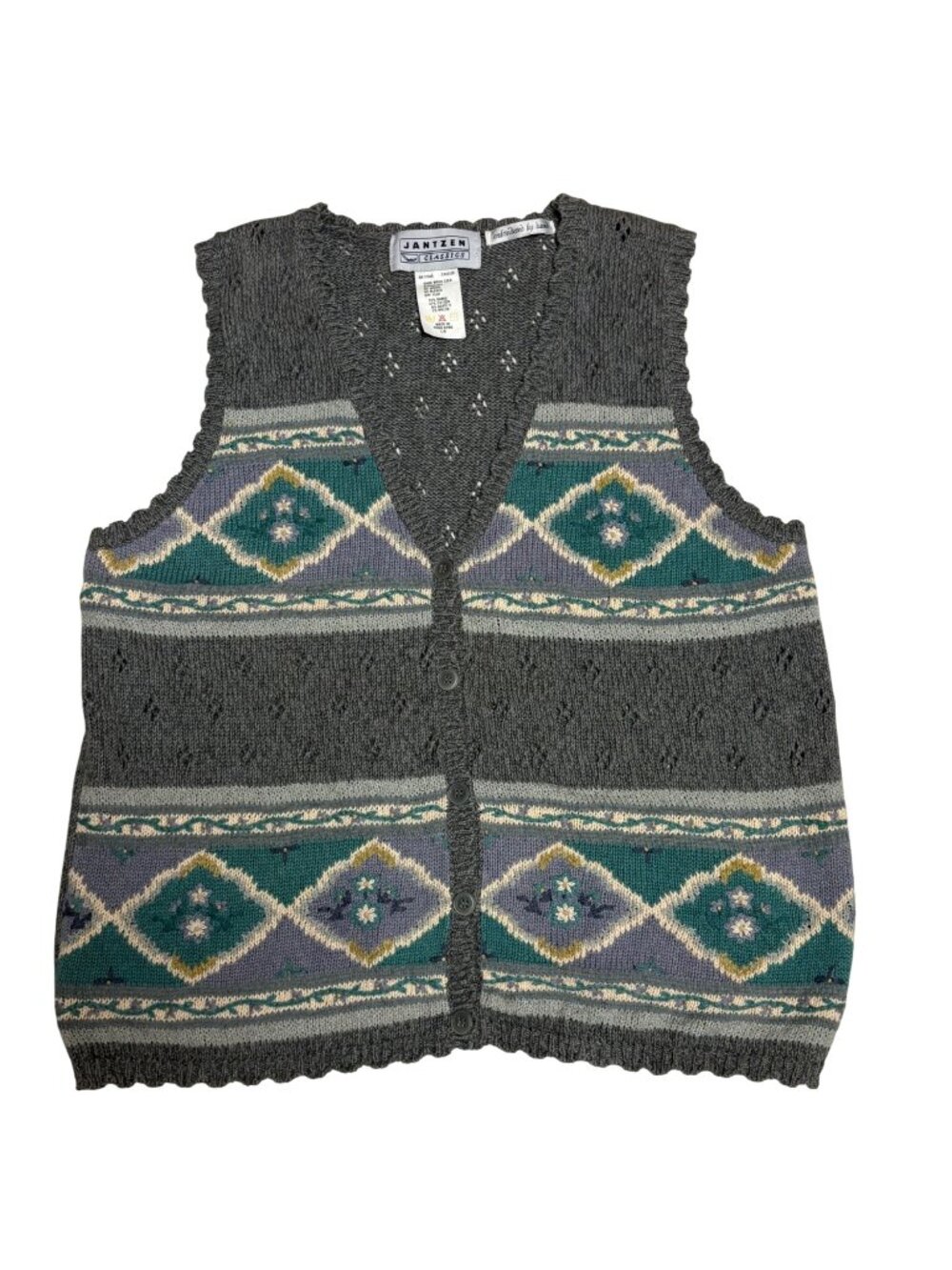 Vintage Jantzen Classics Womens Embroidered Sweater Vest Gray Geometric Large
